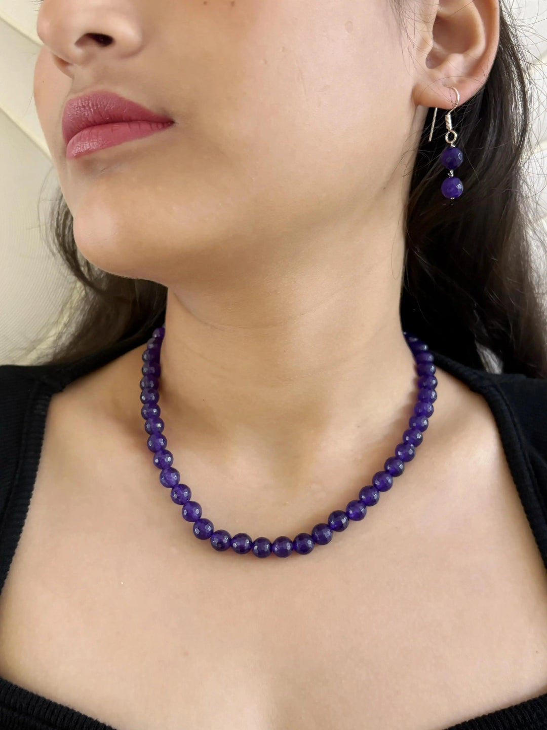 Single Strand Semi Precious Purple Jade Beads Necklace Set For Women
