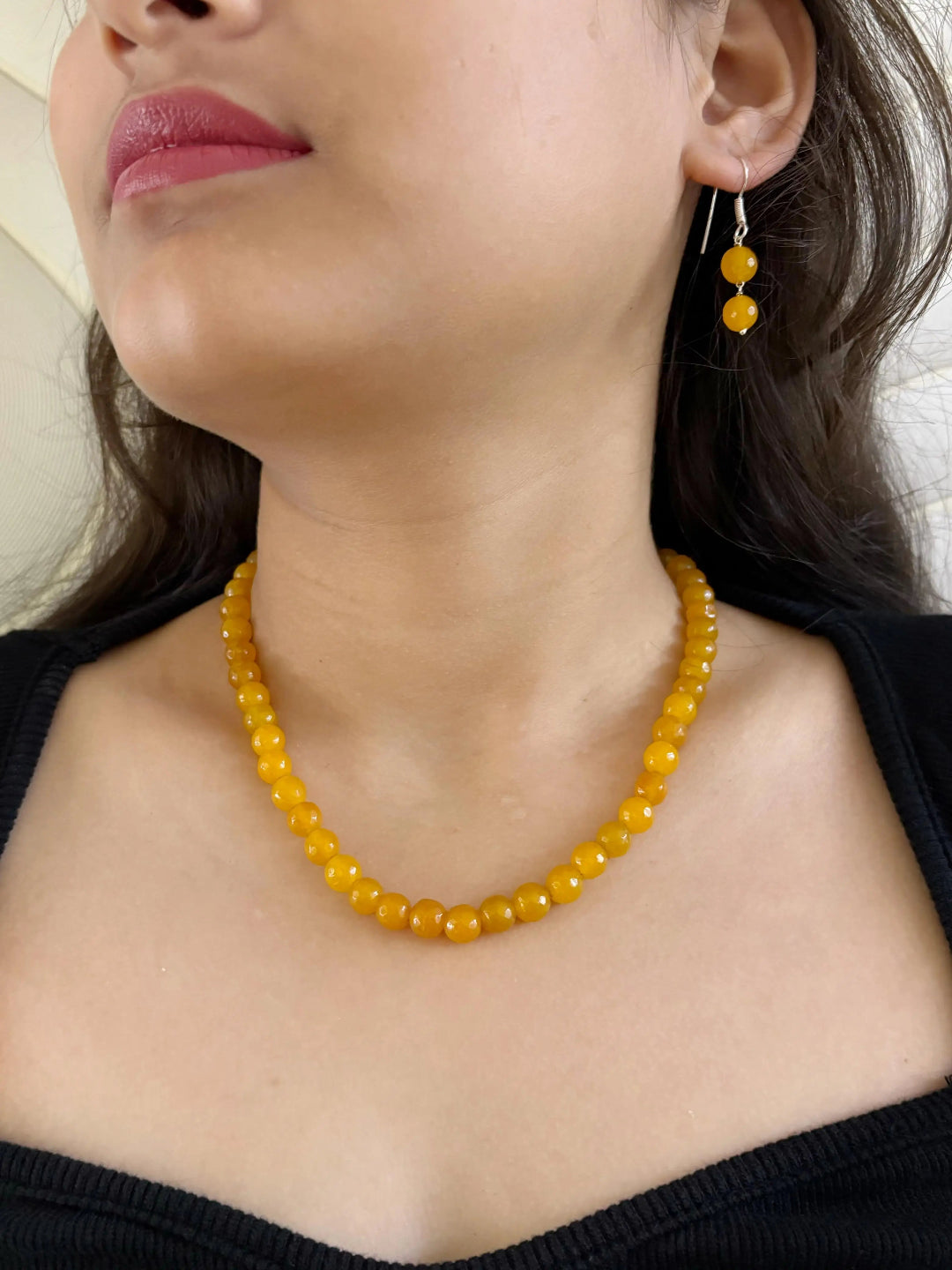 Single Strand Semi Precious Yellow Jade Beads Necklace Set For Women