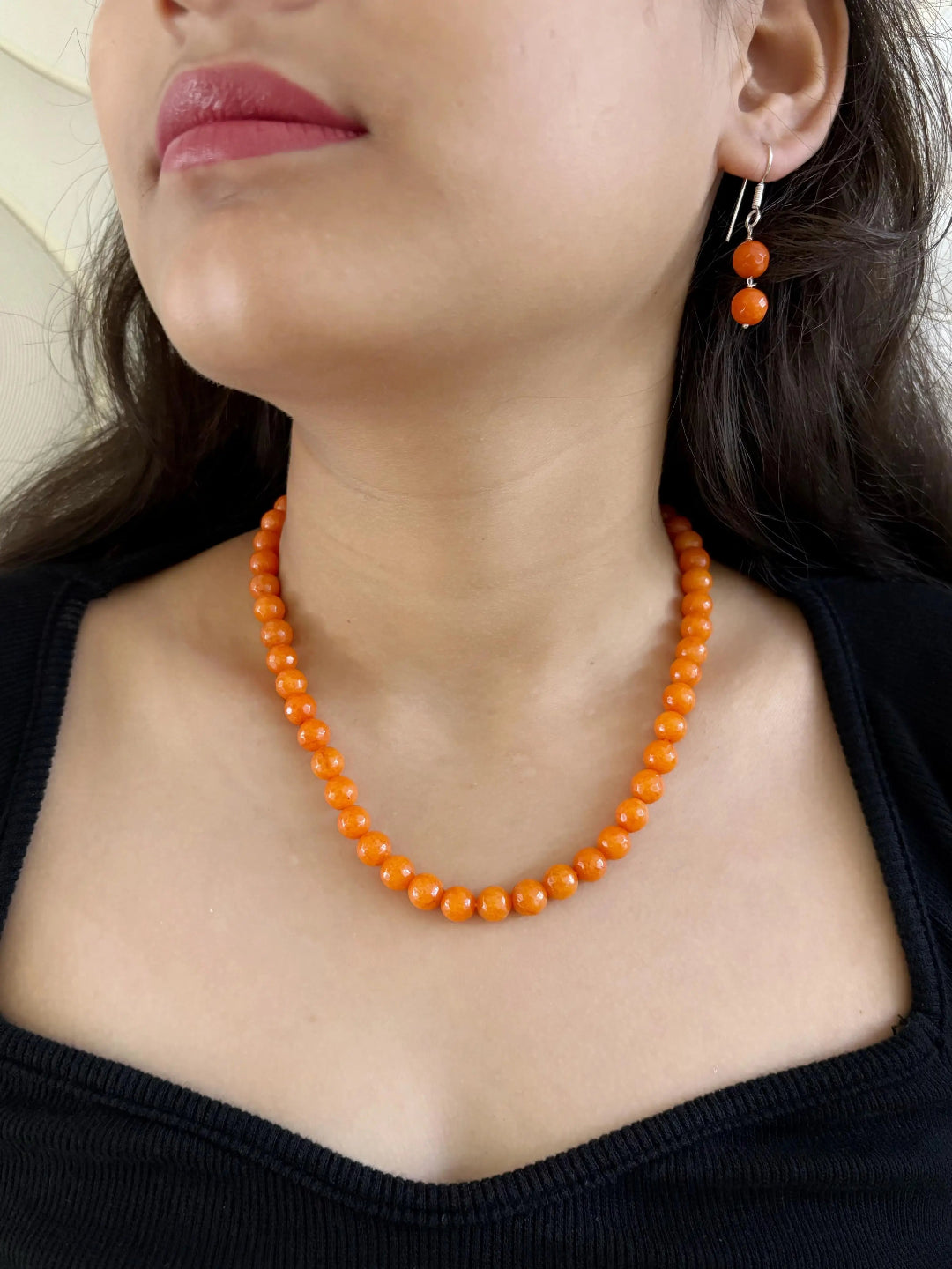 Single Strand Semi Precious Jade Beads Necklace Set For Women