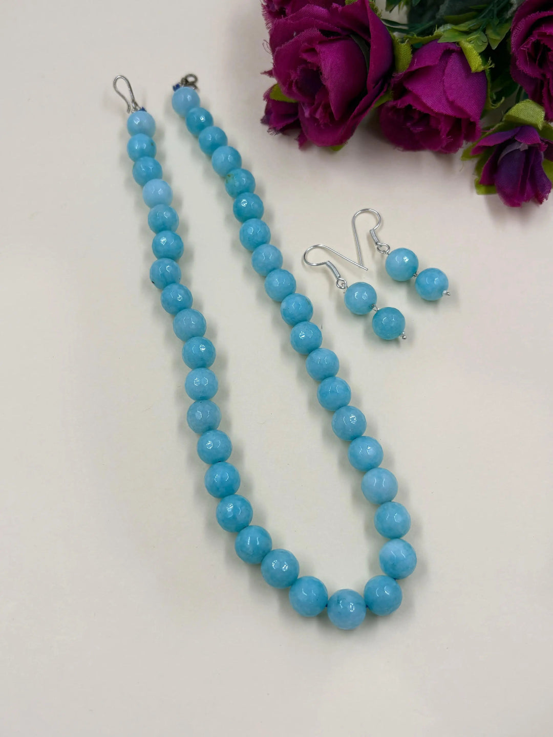 Single Strand 10 mm sky blue Jade Beads Necklace Set - Gemstone Beads Jewelry