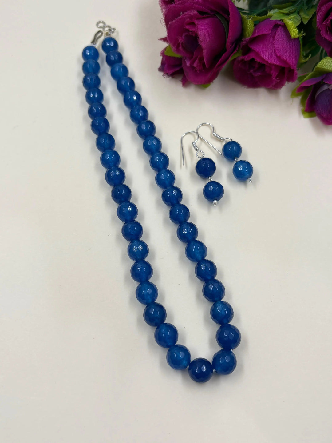 Single Strand 10 mm Blue Jade Beads Necklace Set - Gemstone Beads Jewelry