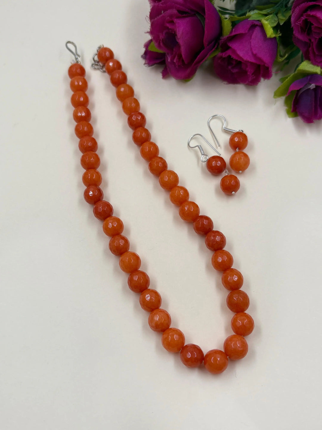 Single Strand 10 mm Orange Jade Beads Necklace Set - Gemstone Beads Jewelry