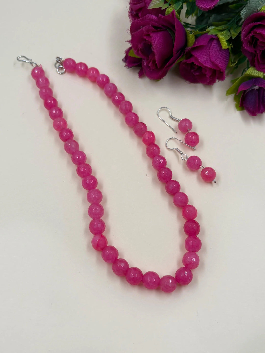 Single Strand 10 mm Pink Jade Beads Necklace Set - Gemstone Beads Jewelry