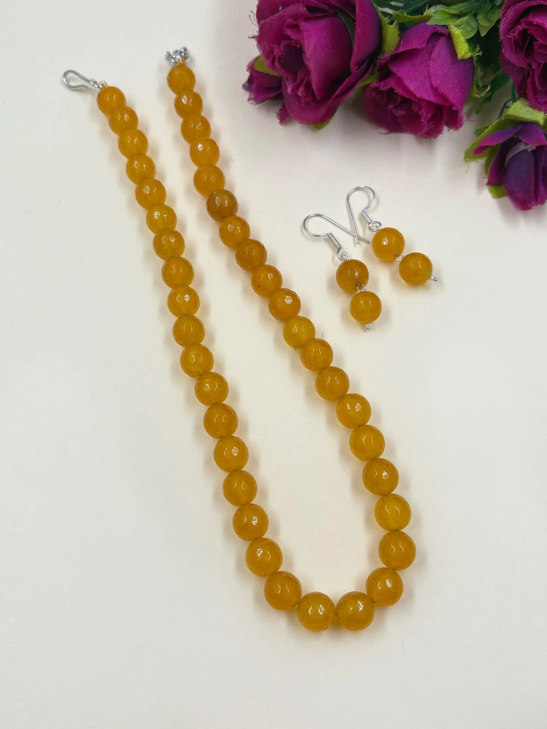 Single Strand 10 mm Yellow Jade Beads Necklace Set - Gemstone Beads Jewelry