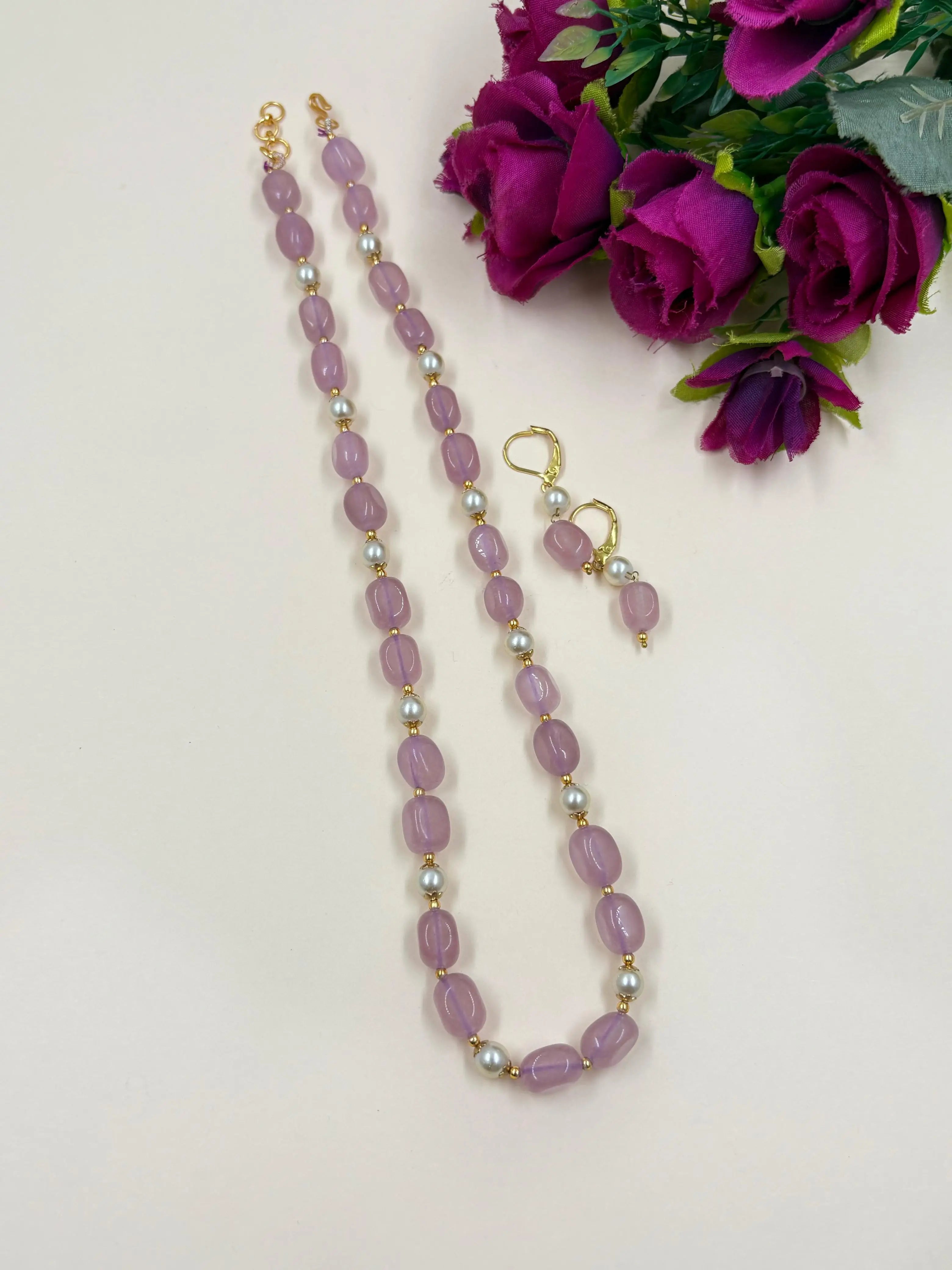Single Strand Semi Precious Gemstone Jade And Pearl Beaded Necklace Set For Women