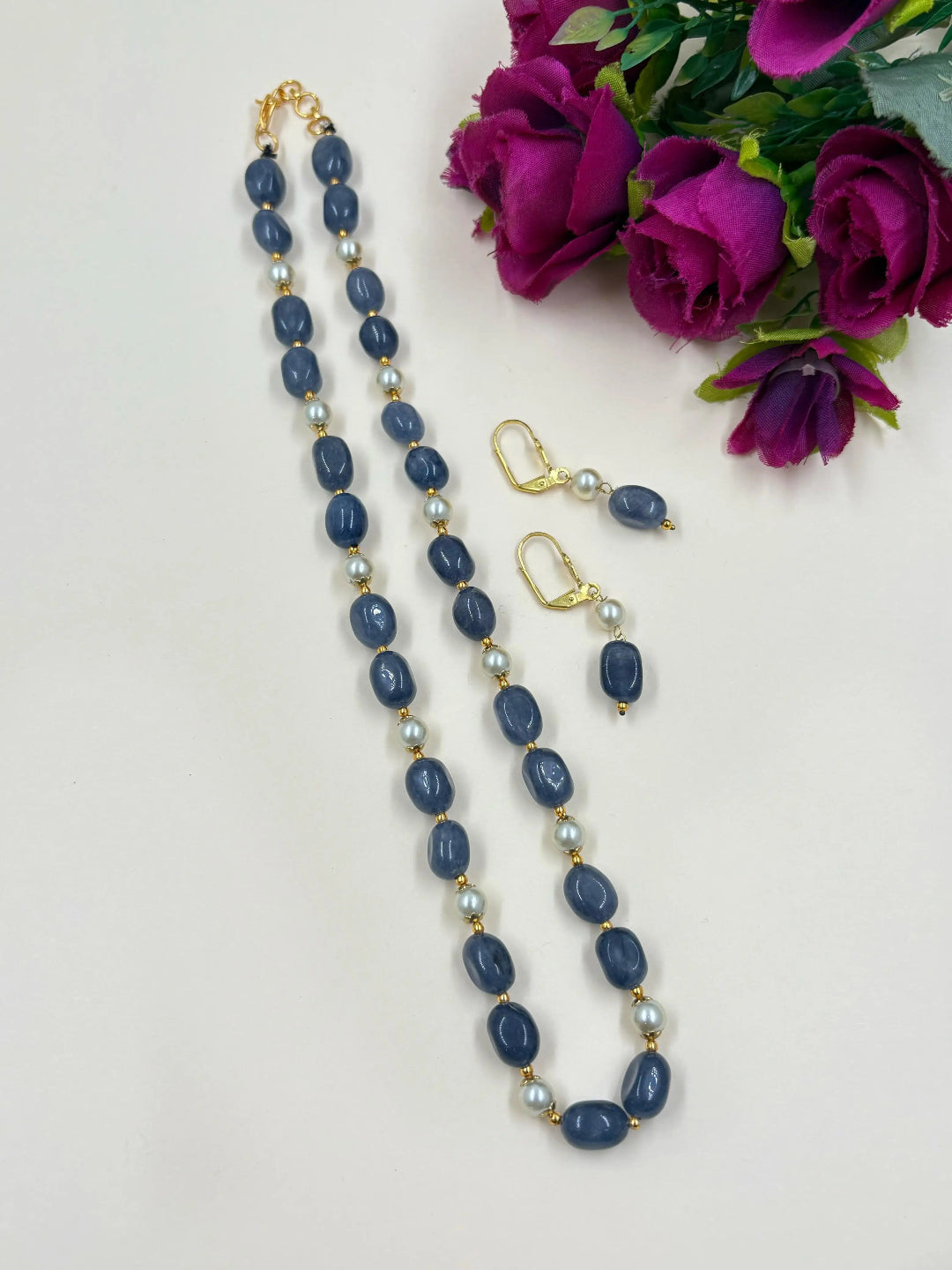 Single Strand Semi Precious Gemstone Blue Jade And Pearl Beaded Necklace Set For Women