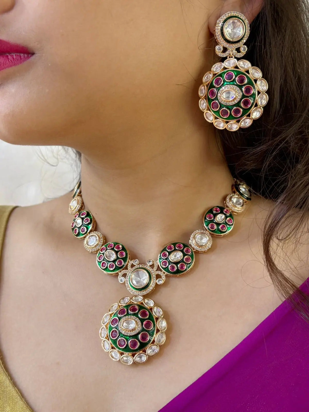 Designer Wedding Wear Kundan Necklace Set With Green Enamel 