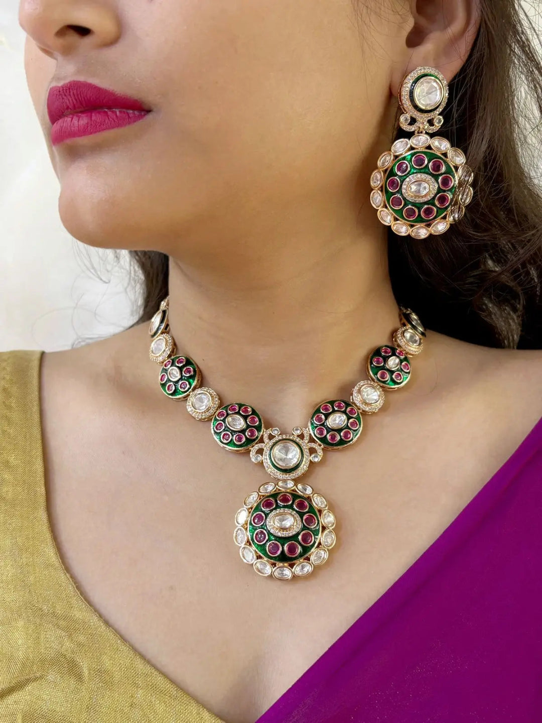 Designer Wedding Wear Kundan Necklace Set With Green Enamel 