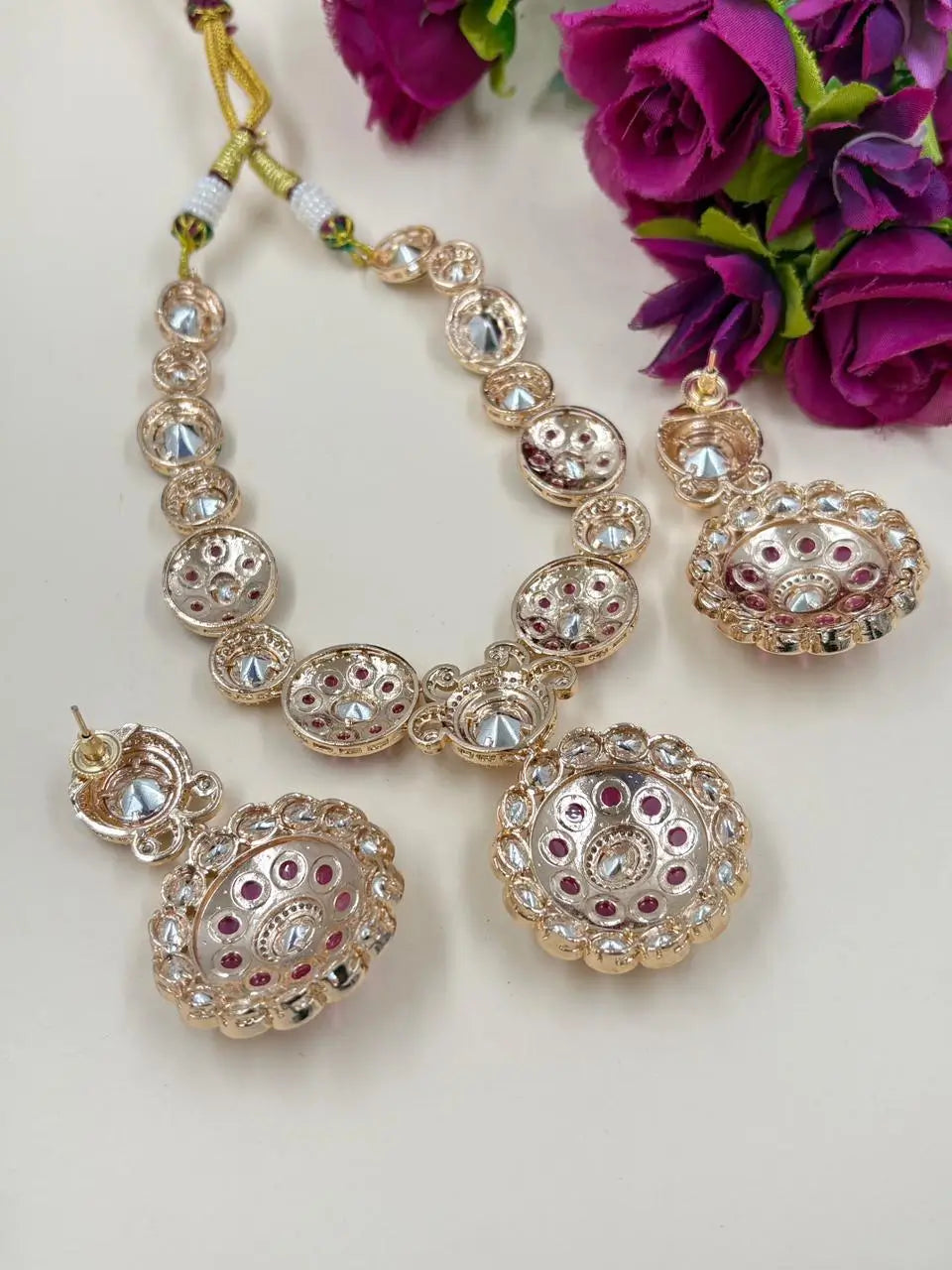 Designer Wedding Wear Kundan Necklace Set With Green Enamel 