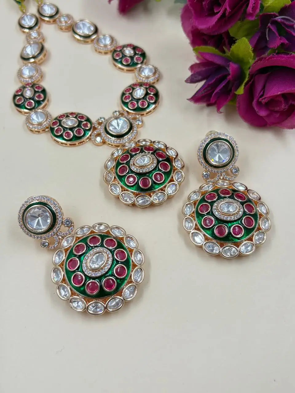 Designer Wedding Wear Kundan Necklace Set With Green Enamel 