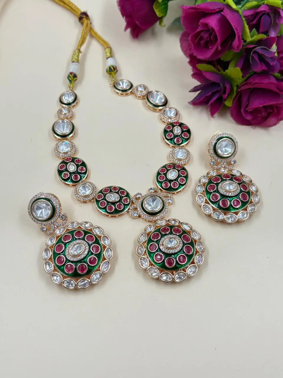 Designer Wedding Wear Kundan Necklace Set With Green Enamel 