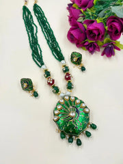 Traditional Peacock Design Necklace Set With green Meenakari 