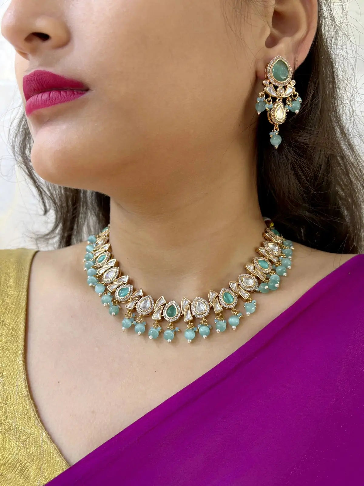 Stylish Kundan Necklace Set With Pearls - Traditional Indian Kundan Jewelry Set