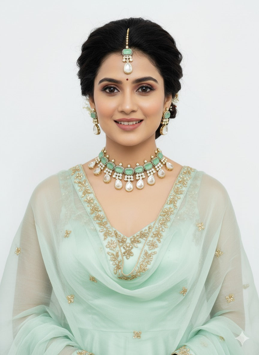 Designer Mint Green Polki Kundan Necklace Set For Weddings By Gehna Shop