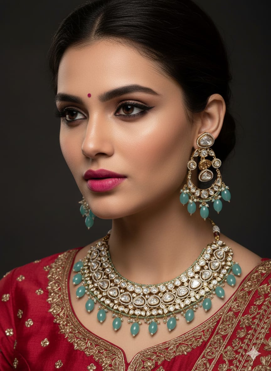 Nandita Designer Wedding Polki Kundan Necklace Set - Bridal Jewellery Set for mint color lehanga 
