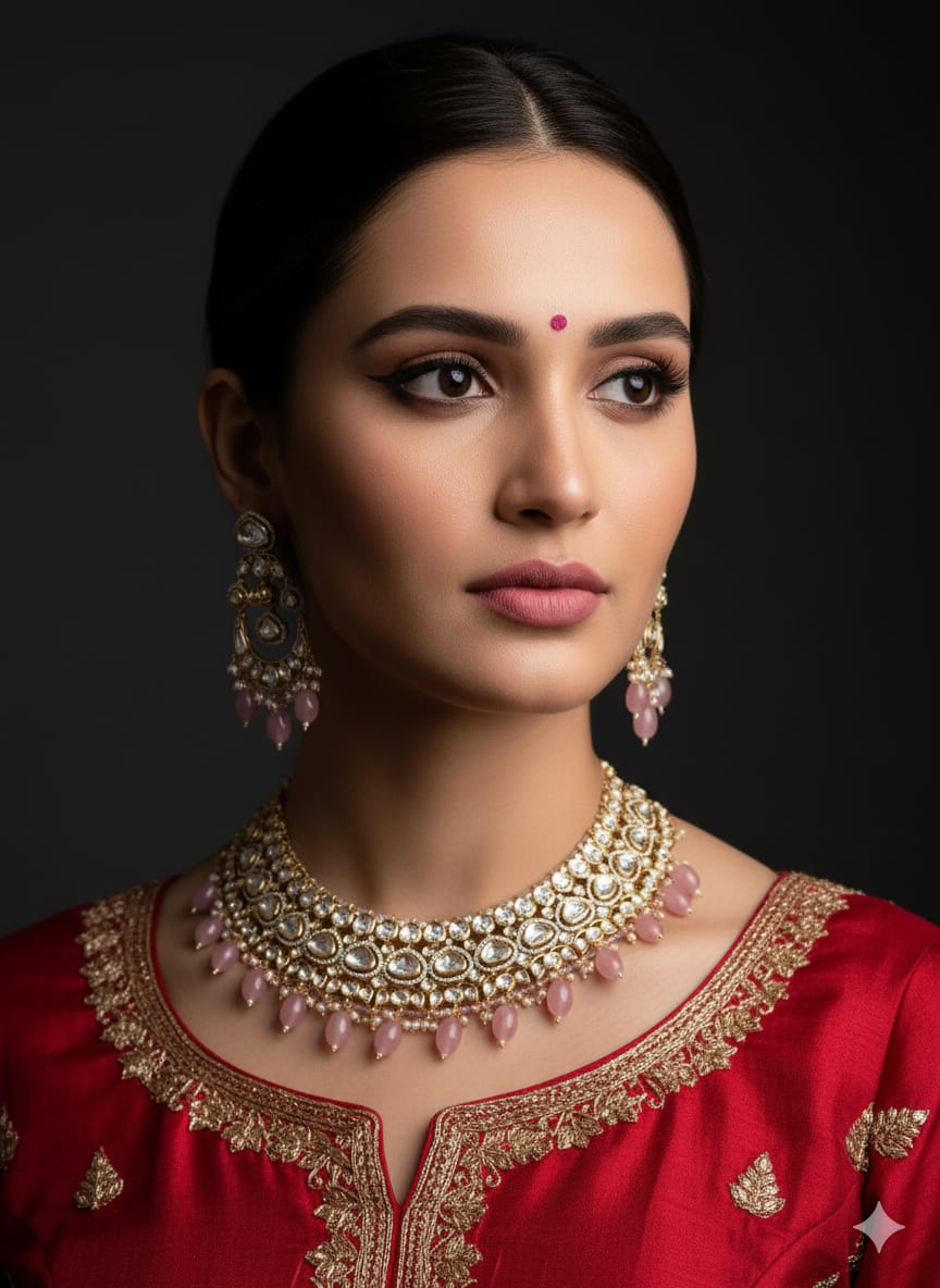 Nandita Designer Wedding Polki Kundan Necklace Set - Bridal Jewellery Set for pink lehanga 