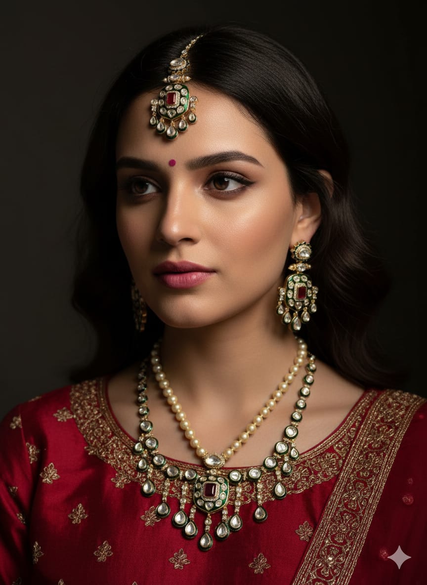 Polki Kundan Long Necklace Set With Green Meenakari | Wedding & Festive Jewelry
