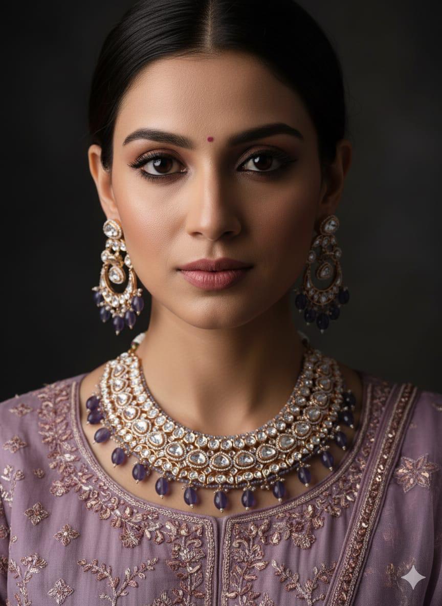 Nandita Designer Wedding Polki Kundan Necklace Set - Bridal Jewellery Set for purple lehenga 