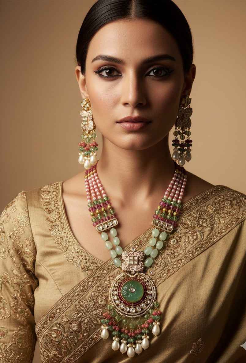 Designer Handcrafted Long Kundan Pendant Necklace Set For Weddings By Gehna Shop