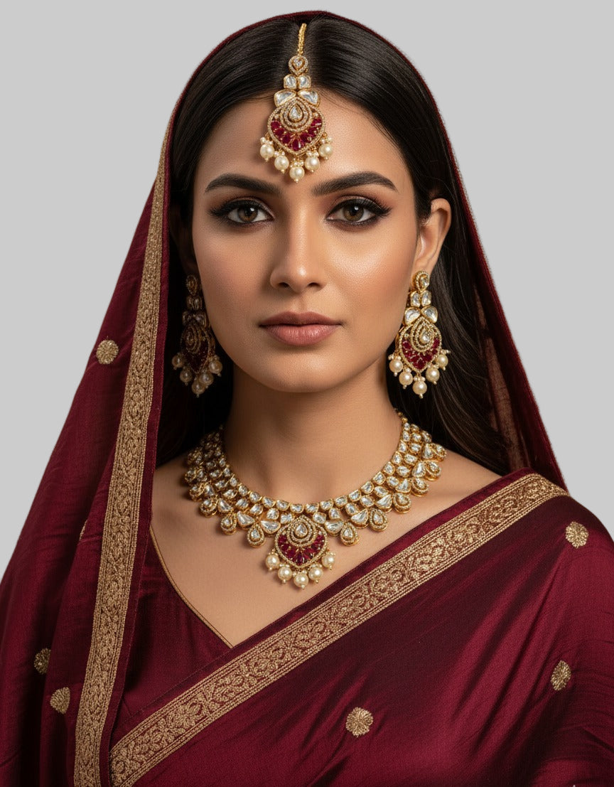 Sahiba Designer Ruby Polki Kundan Bridal Jewellery Set - Wedding Jewellery Set 