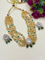 Classy Yellow Citrine Gemstone Beads And Kundan Necklace Set for Women