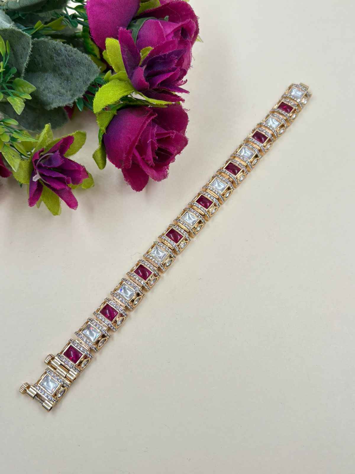 Rose Gold Plated Polki Kundna Gajra Bracalet For Women - Traditional Bracelets