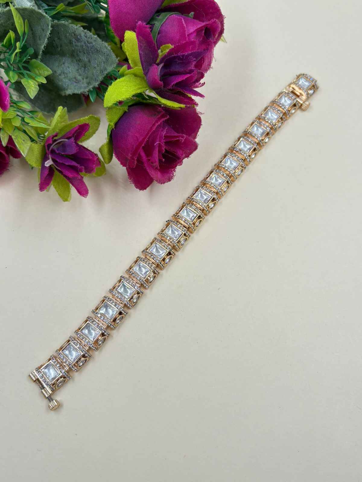 Rose Gold Plated Polki Kundna Gajra Bracalet For Women - Traditional Bracelets