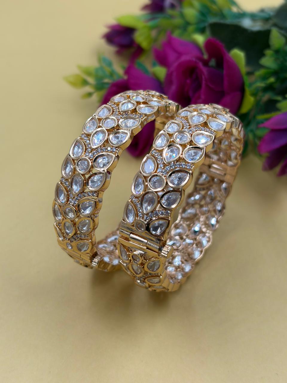 Sugandha Designer Leaf Shape Polki Kundan Kada Bangles Set By Gehna Shop