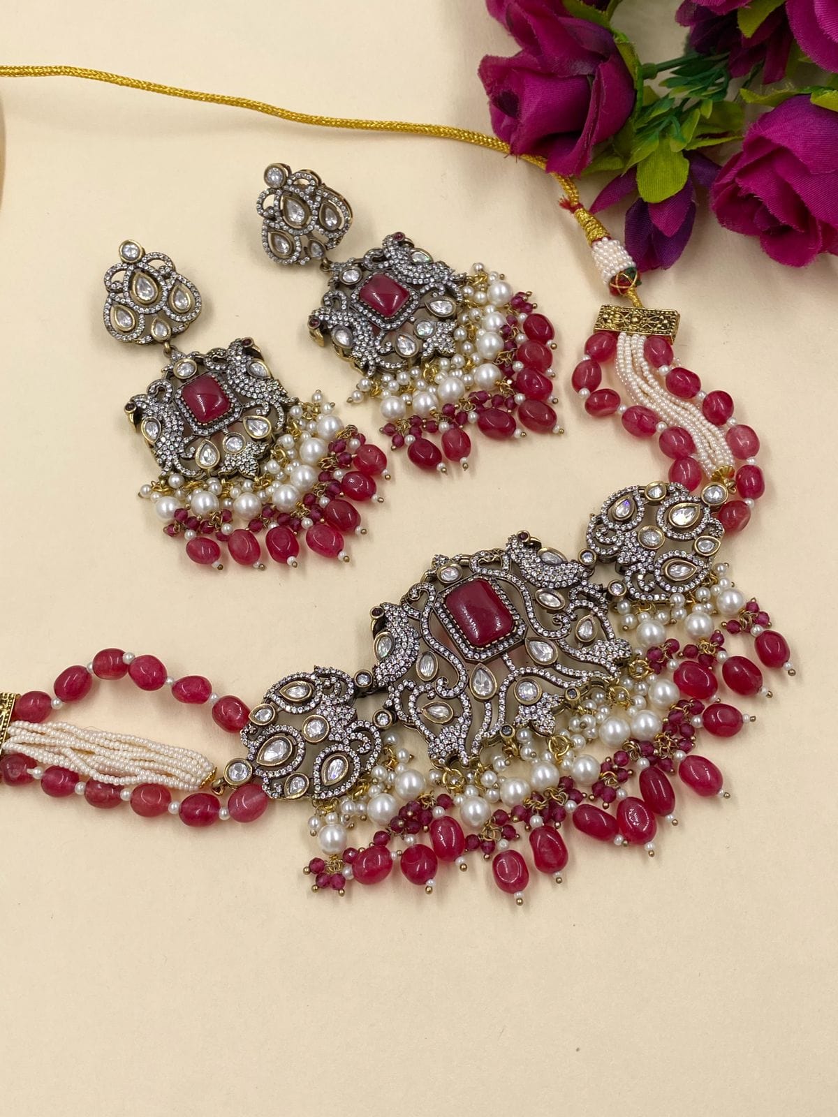 Aazba Designer AD Victorian Choker Necklace Set By Gehna Shop Victorian Necklace Sets