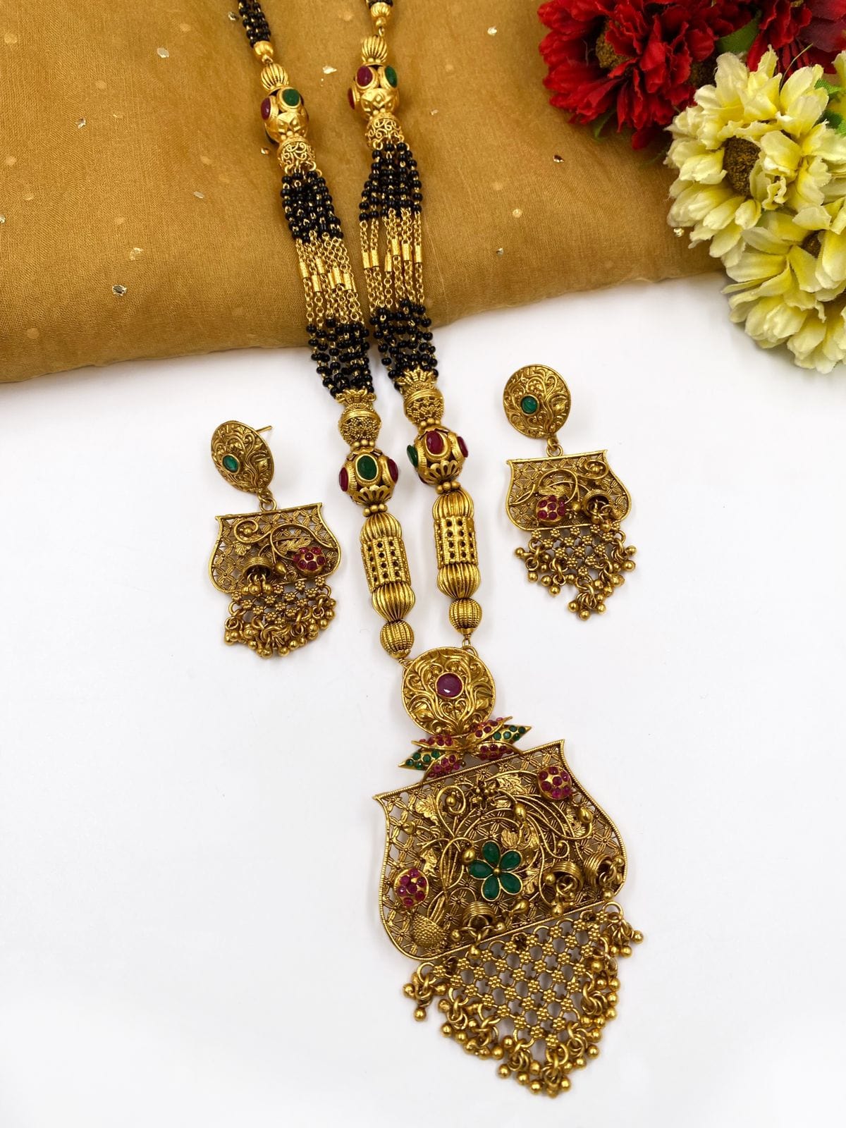 Buy Digital Dress Room Long Mangalsutra Designs with earrings Gold Plated  Necklace maharashtrian style vati pendant gold 4 layers black beads chain  Gold Mangalsutra Latest Designs For Women (37 Inches) at Amazon.in