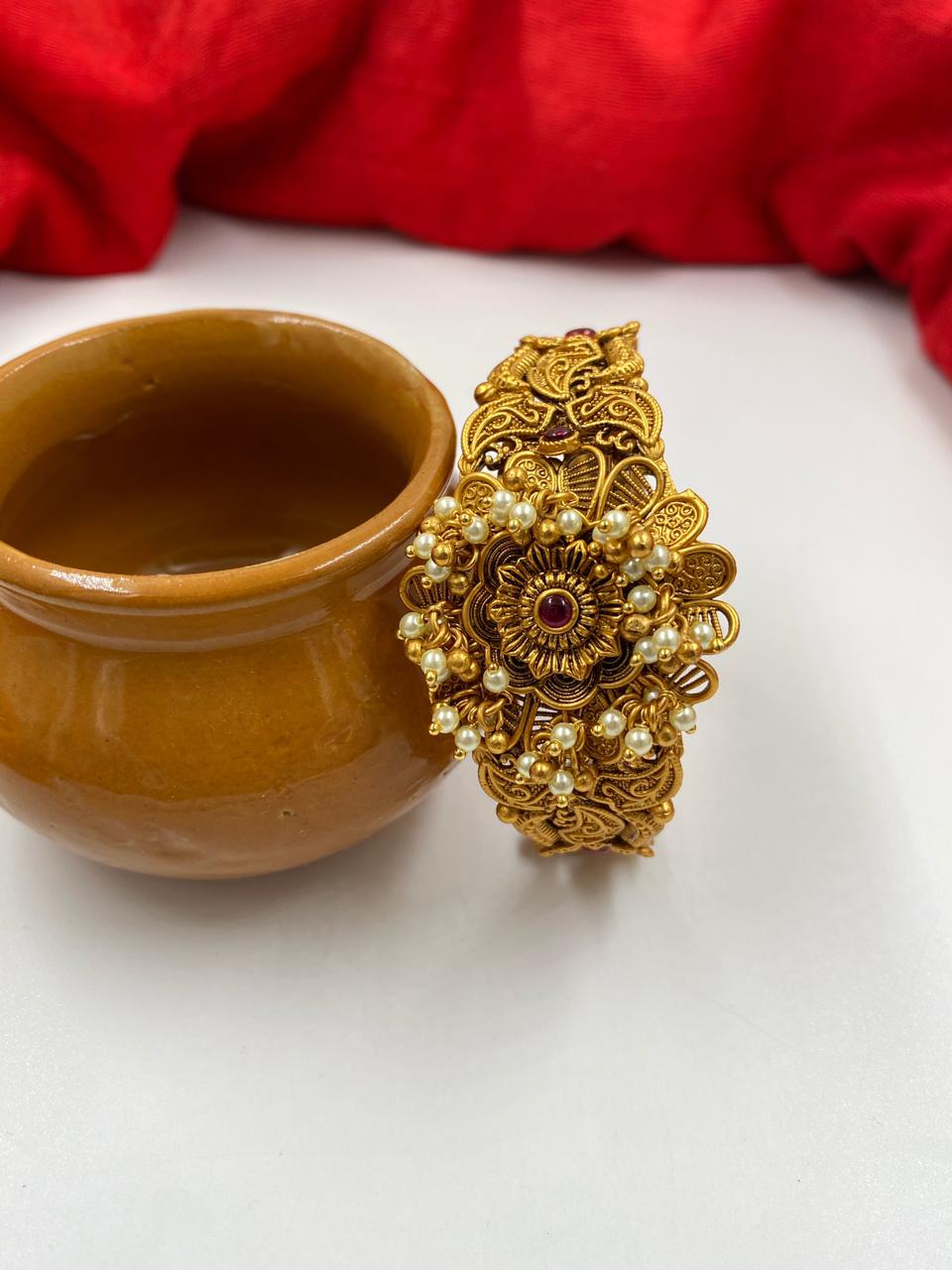 Antique Golden Broad Kada With Pearl Ghungroo For Ladies By Gehna Shop Bracelets