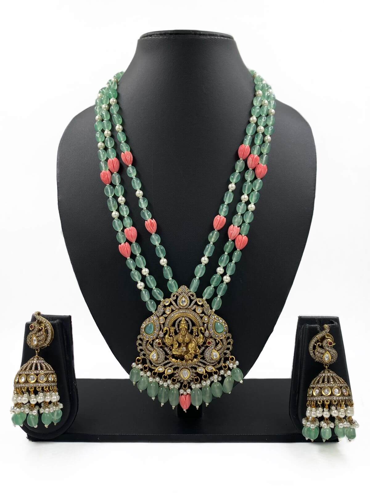 Antique Victorian Lakshmi Devi Pendant Haram Necklace Set With Layered Natural Beads Temple Necklace Sets
