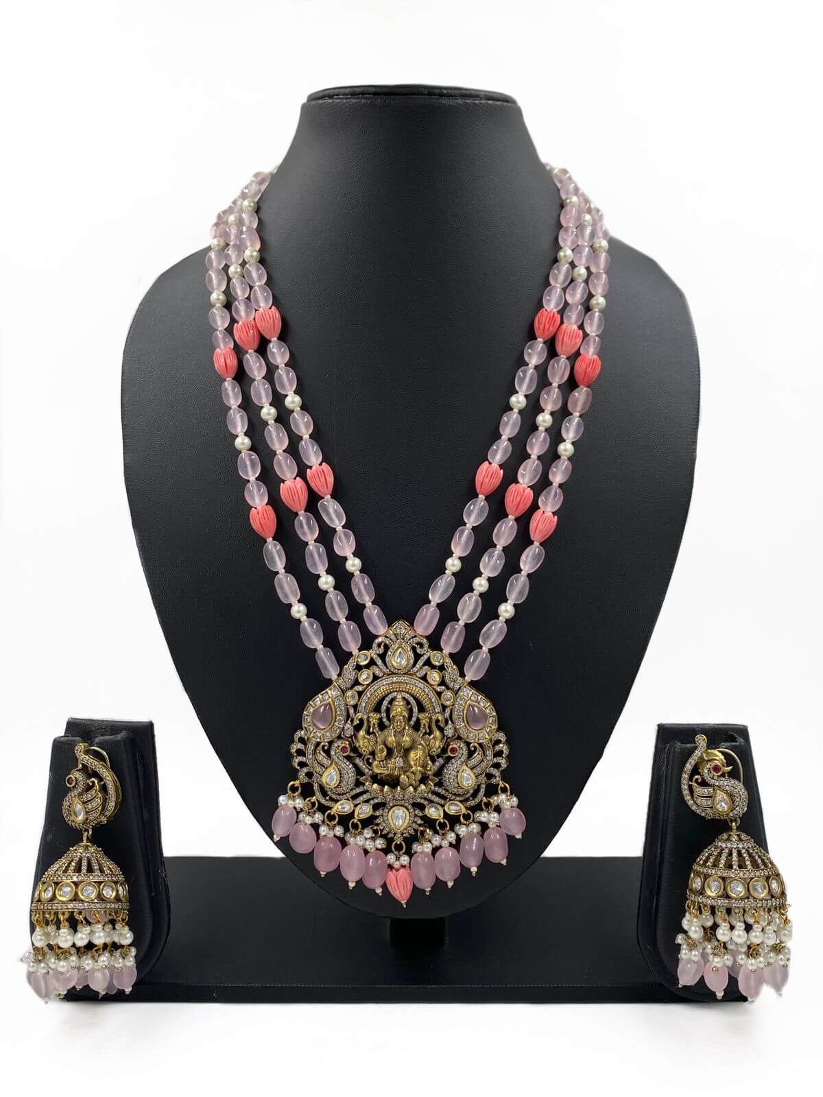 Antique Victorian Lakshmi Devi Pendant Haram Necklace Set With Layered Natural Beads Temple Necklace Sets