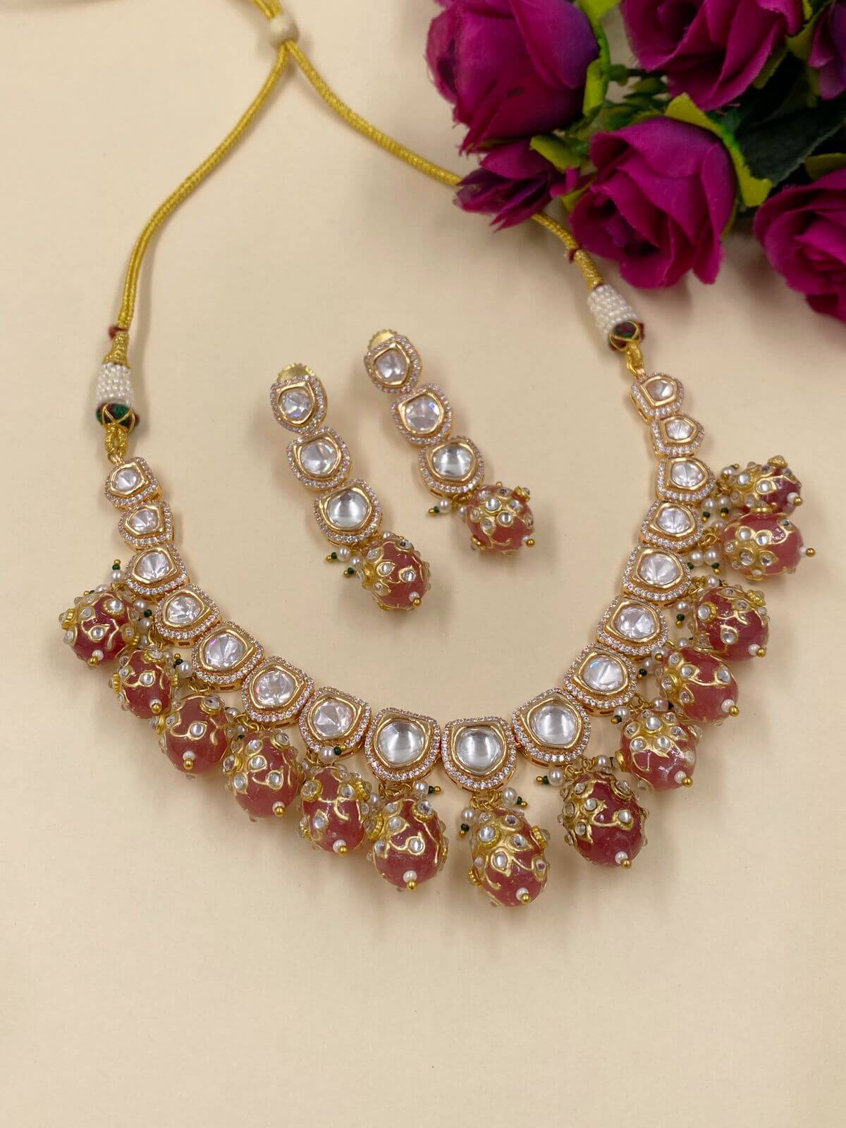 Charmi Single Line Simple Polki Necklace Set For Women By Gehna Shop Victorian Necklace Sets