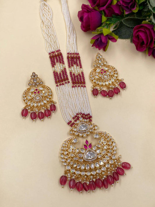 Charu Long Polki Kundan Pendant Necklace Set With Pearls By Gehna Shop Kundan Necklace Sets