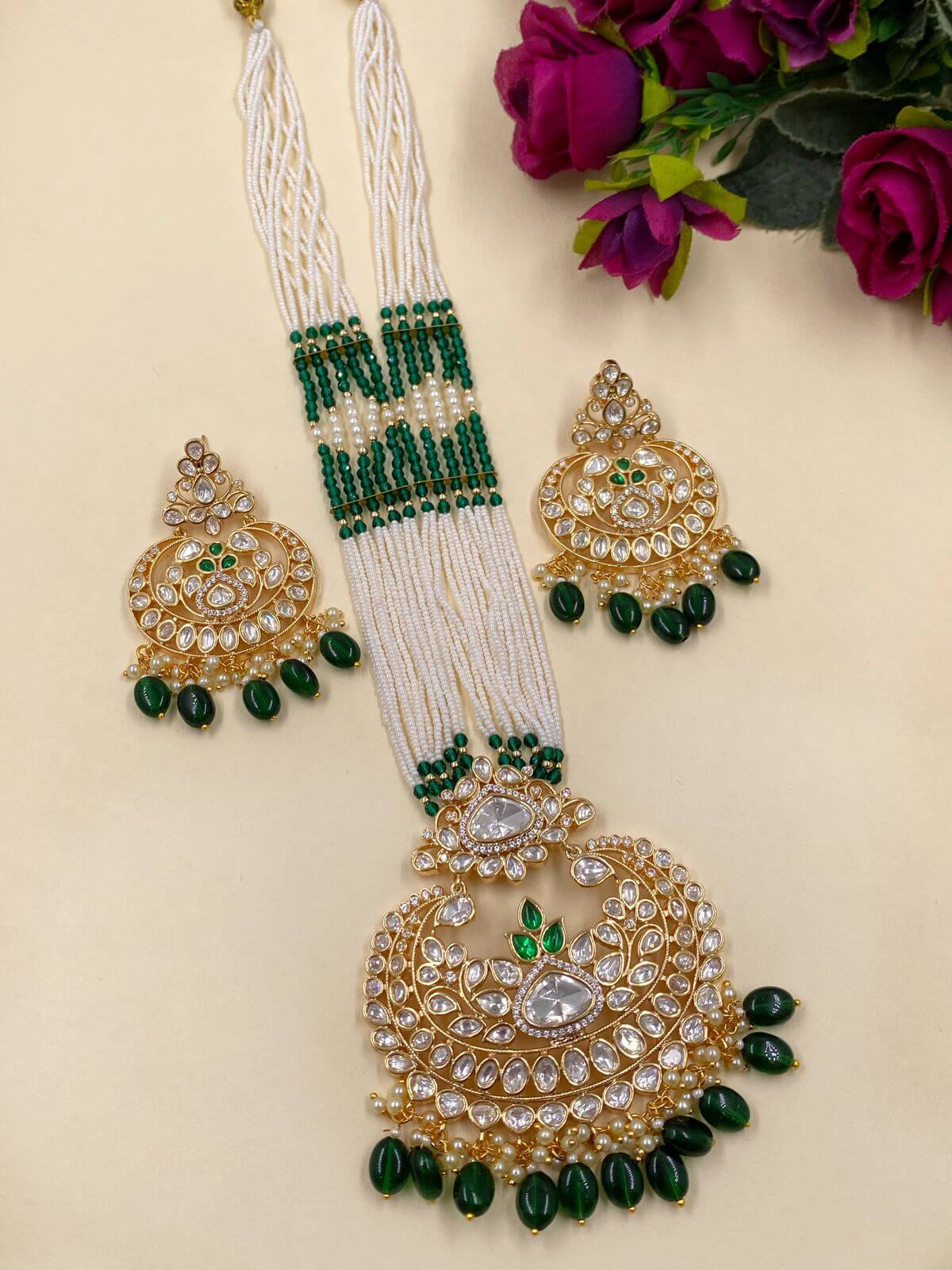 Charu Long Polki Kundan Pendant Necklace Set With Pearls By Gehna Shop Kundan Necklace Sets