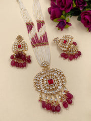 Chhaya Long Polki Kundan Pendant Necklace Set With Pearls Strings For Weddings Kundan Necklace Sets