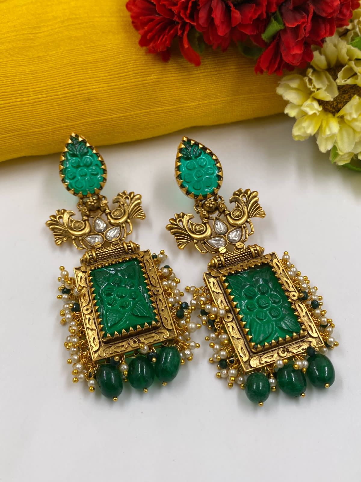 Oval Rose Cut Natural Emerald Earrings - Circle Stone Designs