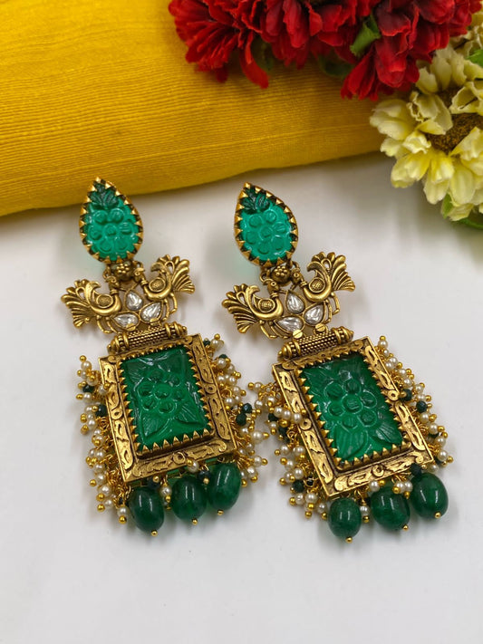 Contemporary Gold Plated Designer Antique Long Green Stone Earrings By Gehna Shop Earrings