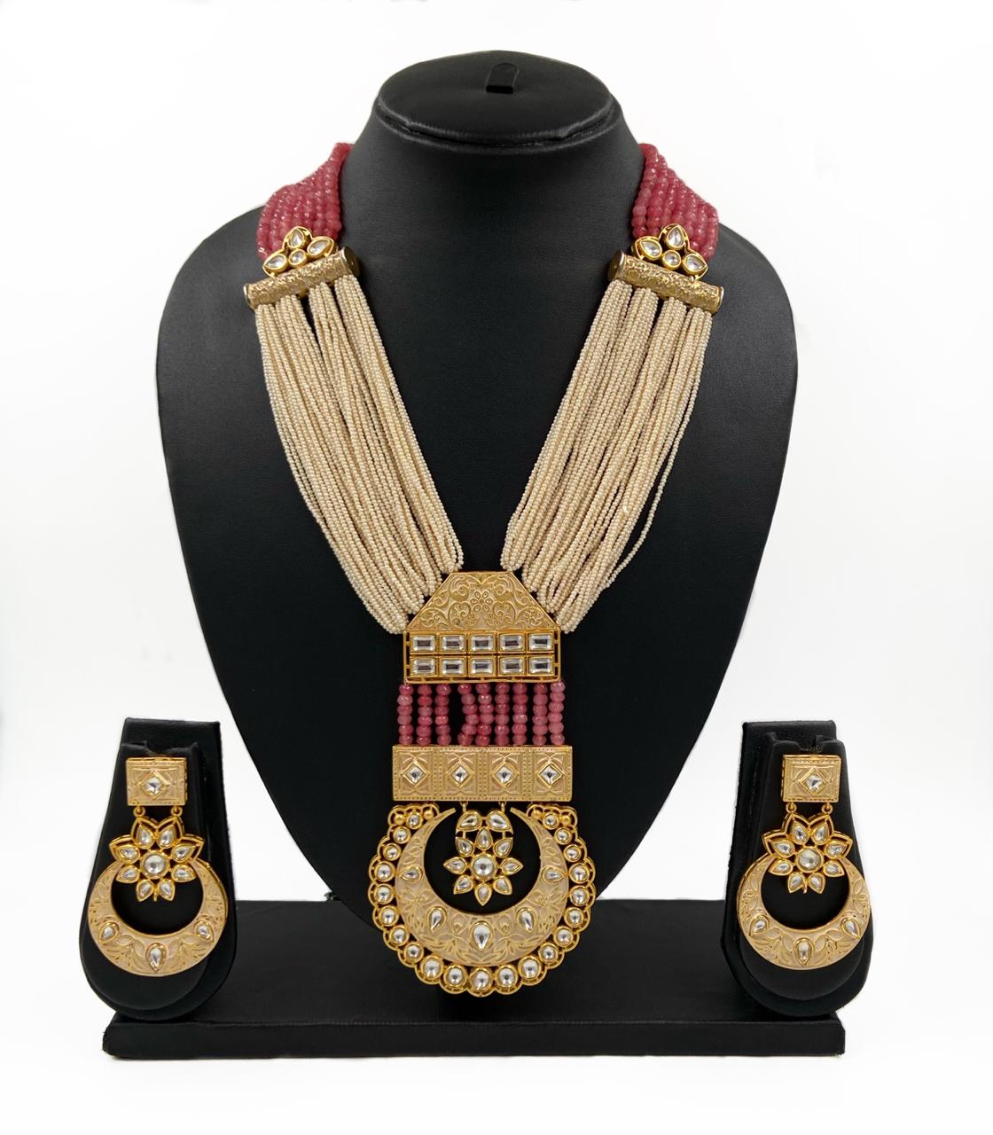 Contemporary Peach Color Handmade Designer Long Kundan Necklace Set For Women Meenakari Necklace Sets