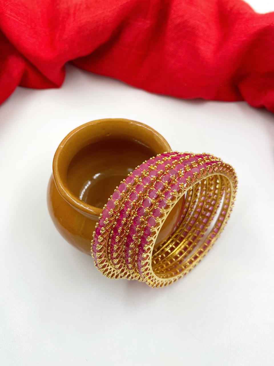 CZ Single Line Ruby Stone American Diamond Bangles By Gehna Shop (Set Of 4)