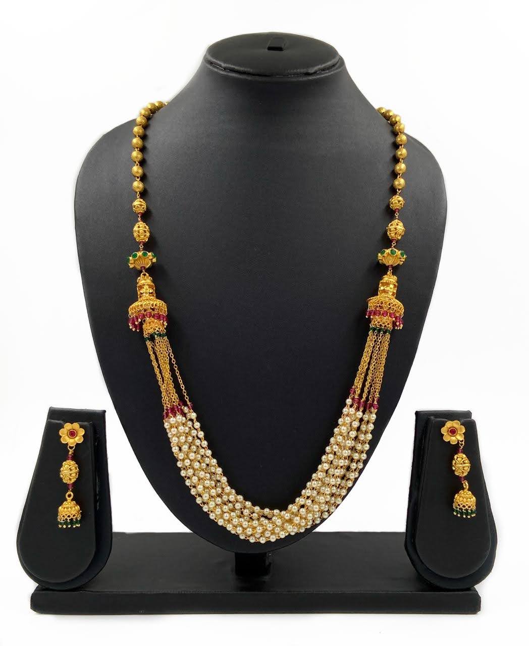 Designer Antique Gold Plated Long Golden Chains Pearls Beaded Necklace For Woman Beads Jewellery