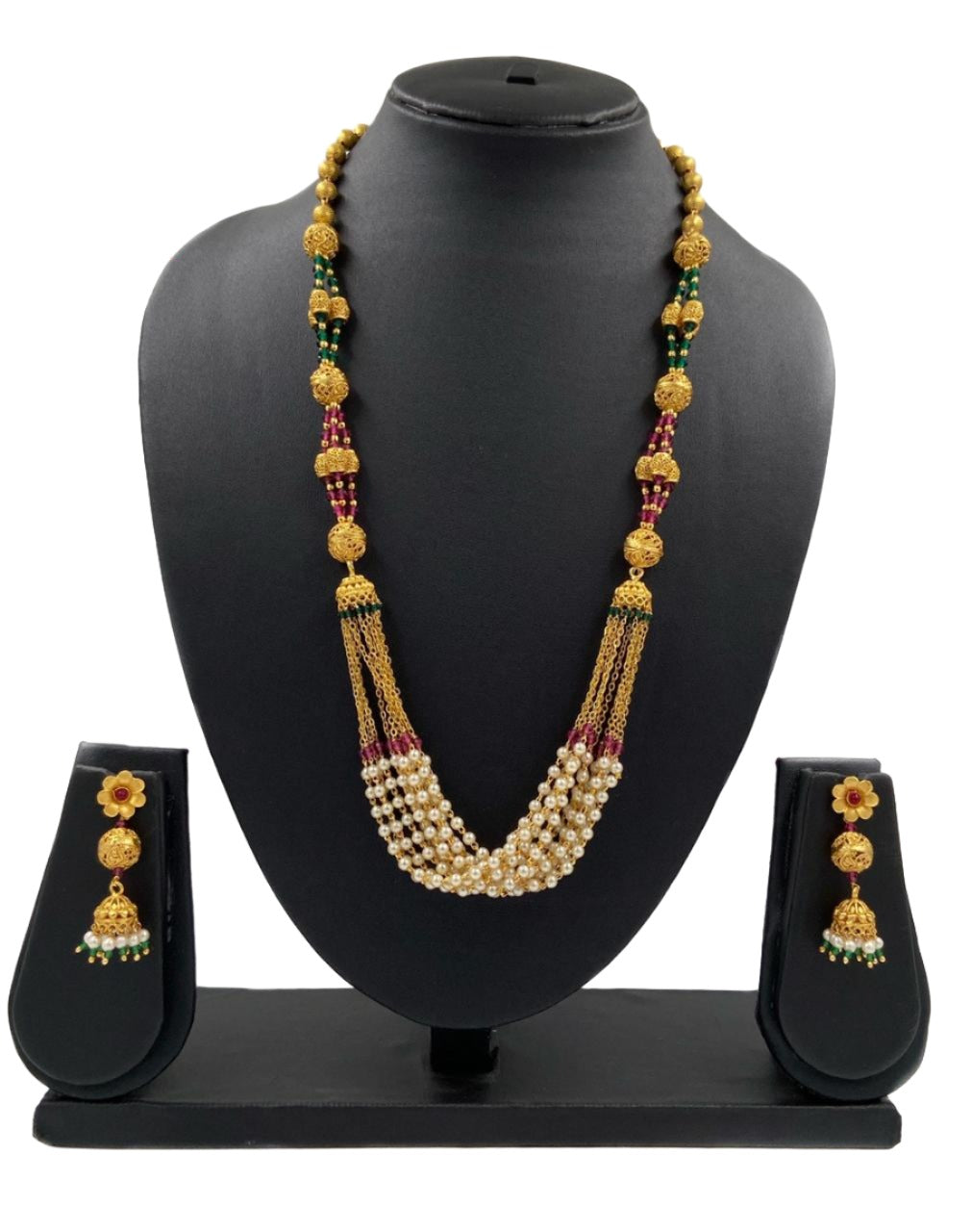 Designer Antique Gold Plated Long Golden Chains Pearls Beaded Necklace Set For Woman Golden Beads Jewellery