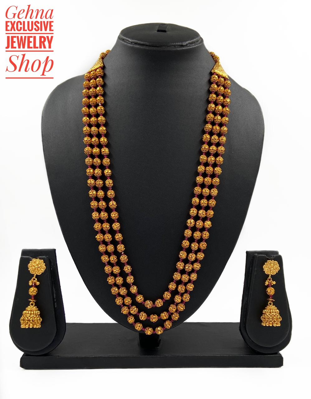 Designer Antique Gold Plated Triple Layered Matar Mala Beaded Necklace For Woman Golden Beads Necklace Set