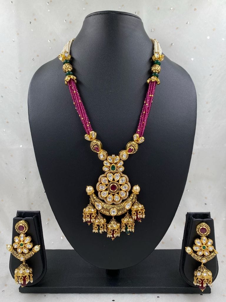 Designer Antique Gold Plated Wedding Kundan Pendant Necklace Set Kundan Necklace Sets