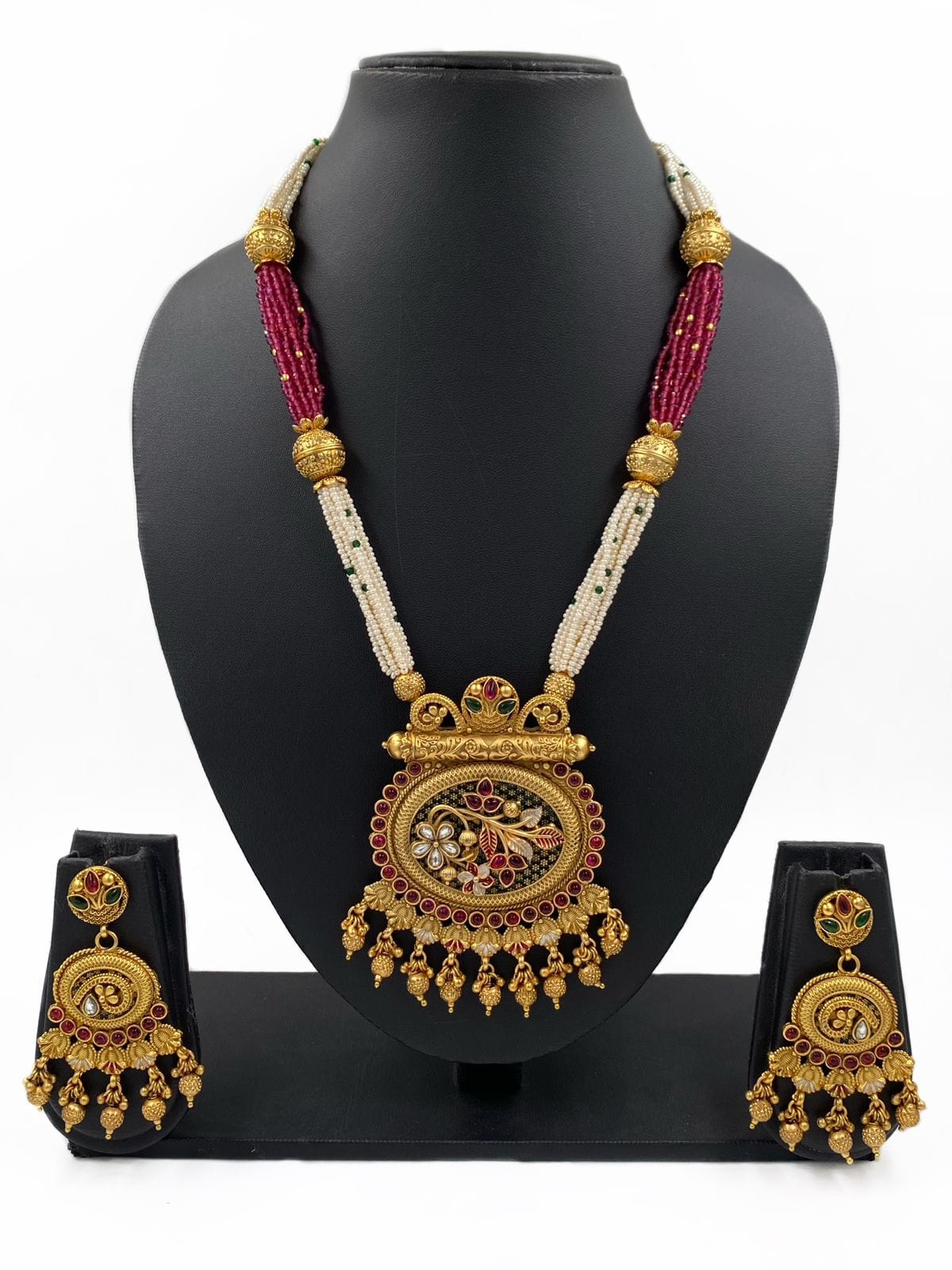 Designer Antique Golden Pendant Necklace Set With Pearls By Gehna Shop Antique Golden Necklace Sets