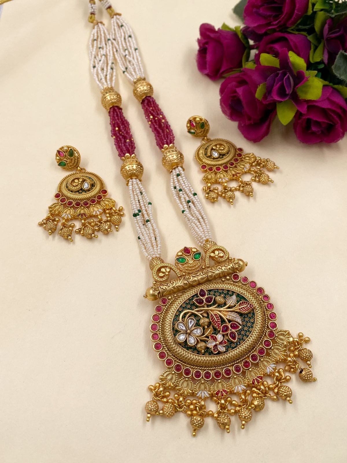 Designer Antique Golden Pendant Necklace Set With Pearls By Gehna Shop Antique Golden Necklace Sets
