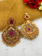 Designer Antique Golden Ruby Stone Studded Long Traditional Earrings For Ladies Dangler Earrings