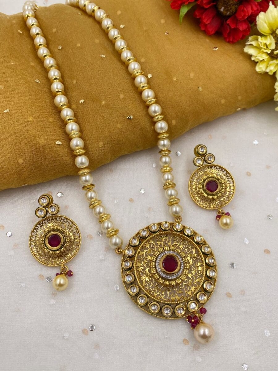 Designer Antique Kundan Pendant With Pearls Necklace Set By Gehna Shop Kundan Necklace Sets