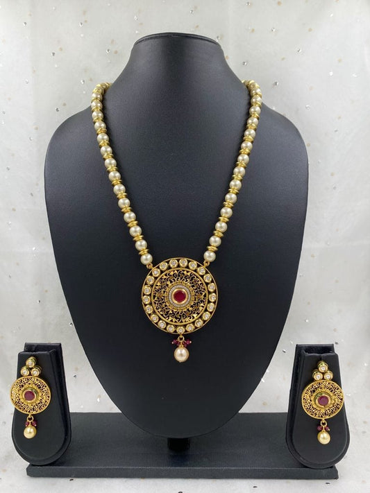 Designer Antique Kundan Pendant With Pearls Necklace Set By Gehna Shop Kundan Necklace Sets